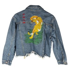 36.5 Denim 90s Jacket Tiger Embroidered Distressed Frayed Hem Blue Womens L Y2K